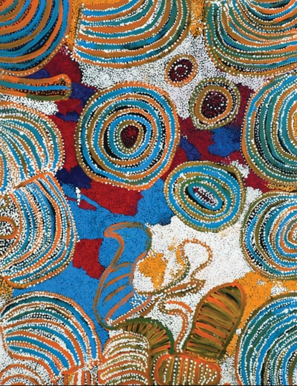 Wingu Tingima, Kangkuru Munu Malanypa, 2005, with concentric forms and dotted fields in blue, orange, green and white