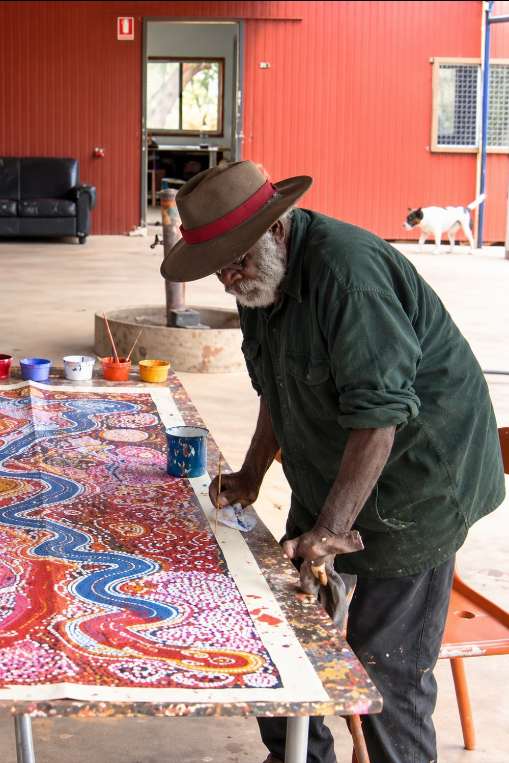 Tiger Palpatja leaning over a large colourful painting while working at a table in the APY Lands