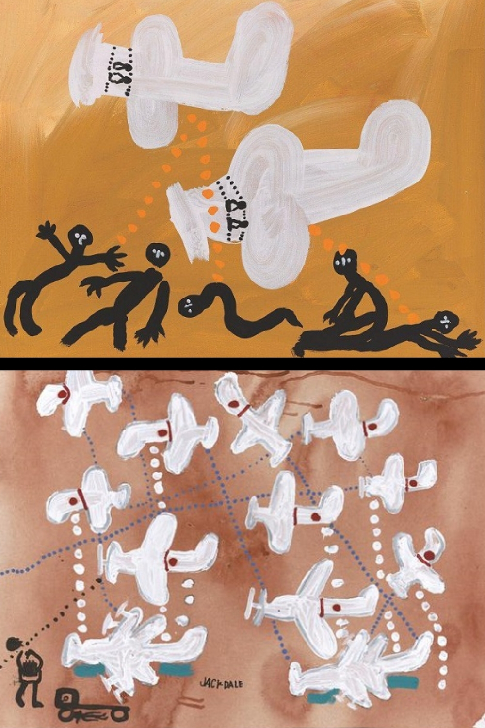 Two Jack Dale Mengenen paintings depicting Japanese aircraft attacking Broome in 1942, with white aeroplanes, falling bombs and figures on the ground.