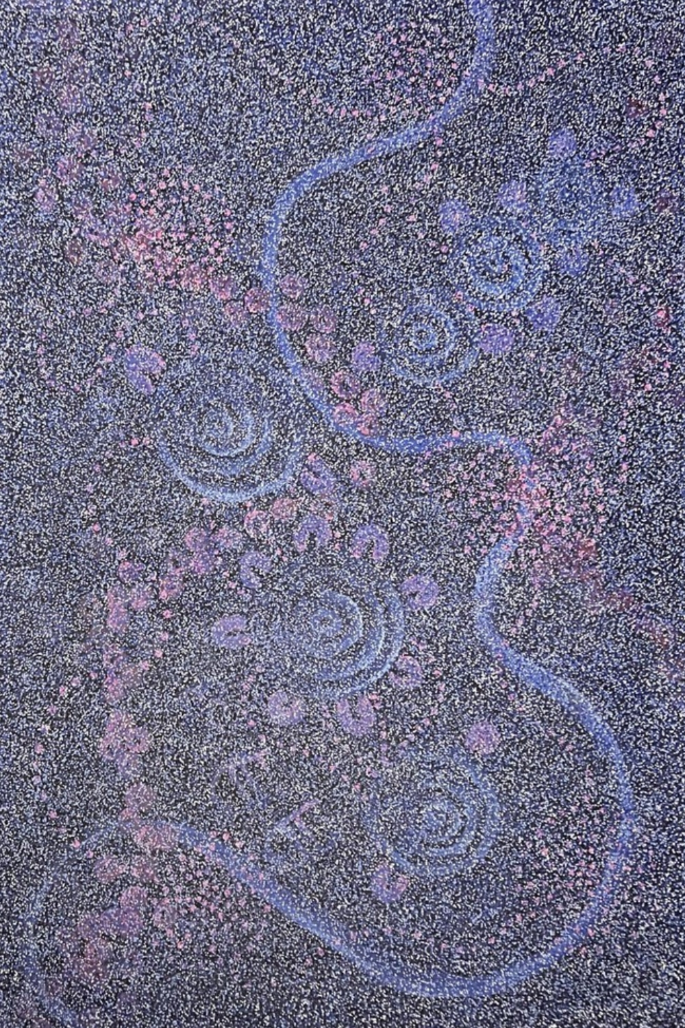 A densely dotted painting on a dark ground with pale blue concentric circles and curved connecting forms. Scattered areas of pink and purple appear among thousands of tiny pale dots, creating layers of subtle imagery across the surface.