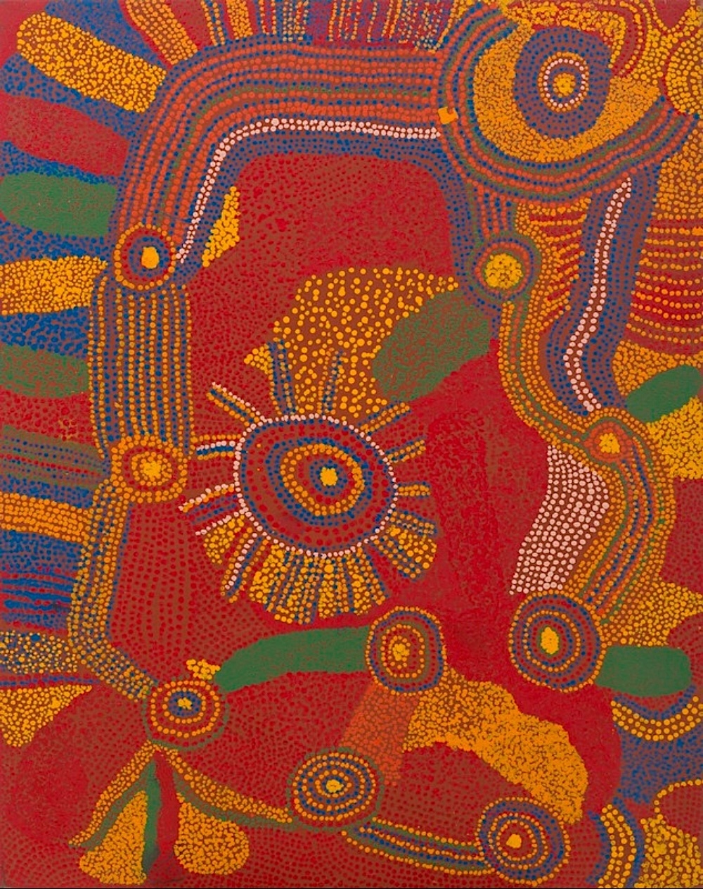 Jimmy Baker Wanampi, 2007, showing interconnected waterholes and dotted pathways in red, orange, green and blue