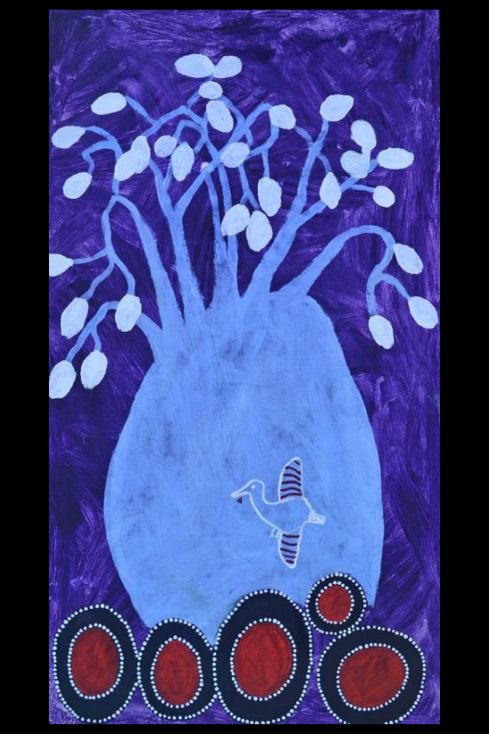 Jack Dale Mengenen painting of a large pale blue boab tree, bird and five Djalala stone forms against a deep purple ground.