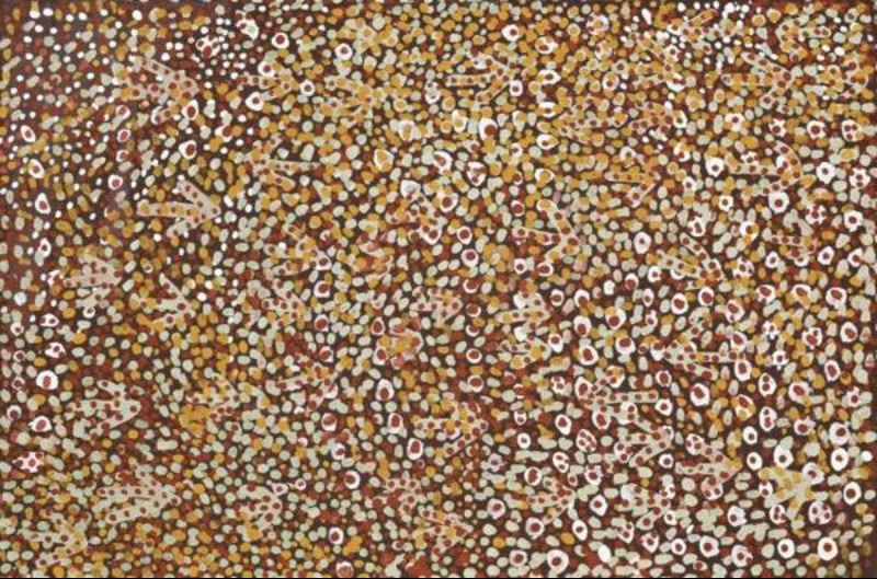 Emily Kame Kngwarreye’s Awelye, 1989, with dense white, yellow, ochre and pink dots layered over fine looping and branching lines on a dark brown ground.