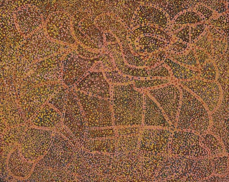 Emily Kame Kngwarreye’s Yam Tracking, 1990, with broad looping and intersecting pink lines over a dark ground densely covered with yellow, pink, ochre and green dots.