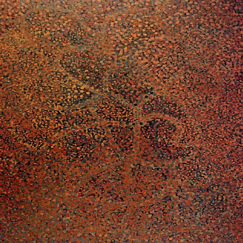 Emily Kame Kngwarreye’s Edunga, 1990, with dense red, orange, ochre and black dotting over an underlying network of broad curving and intersecting lines.