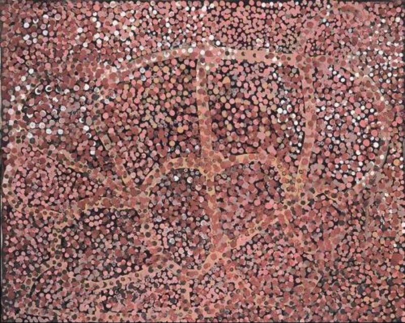 Emily Kame Kngwarreye’s Alhalkere, 1990, with dense pink, red, white and ochre dots layered over broad looping and intersecting pink lines on a dark ground