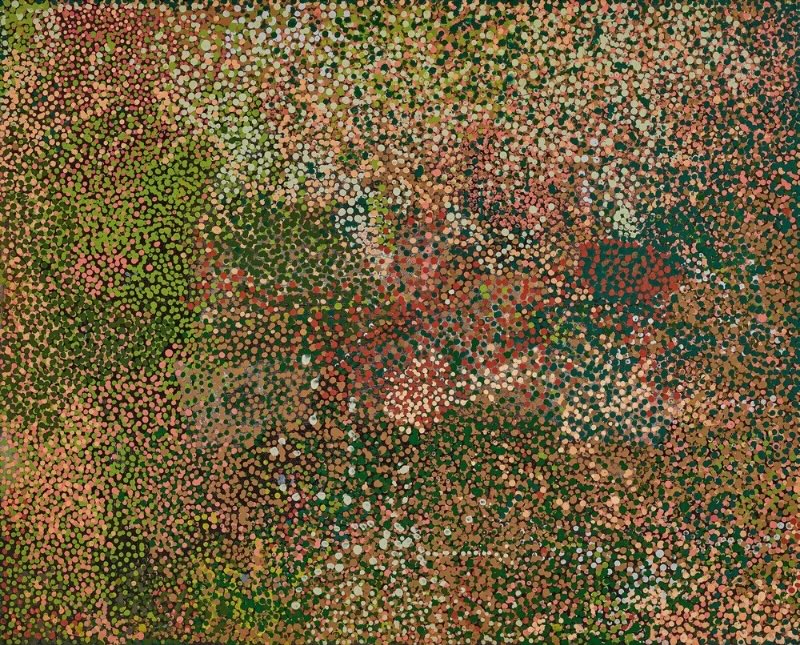 Emily Kame Kngwarreye’s Of Rare Winter Rain, 1990, densely covered with layered pink, green, olive, cream, red and pale blue dots across a dark green and earthy ground.