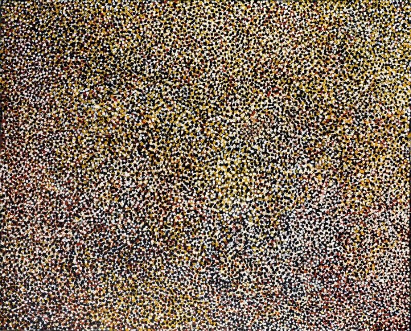 Emily Kame Kngwarreye’s Alhalkere, 1989, with an exceptionally dense field of tiny white, yellow, ochre, pink and dark dots almost completely obscuring fine underlying lines.