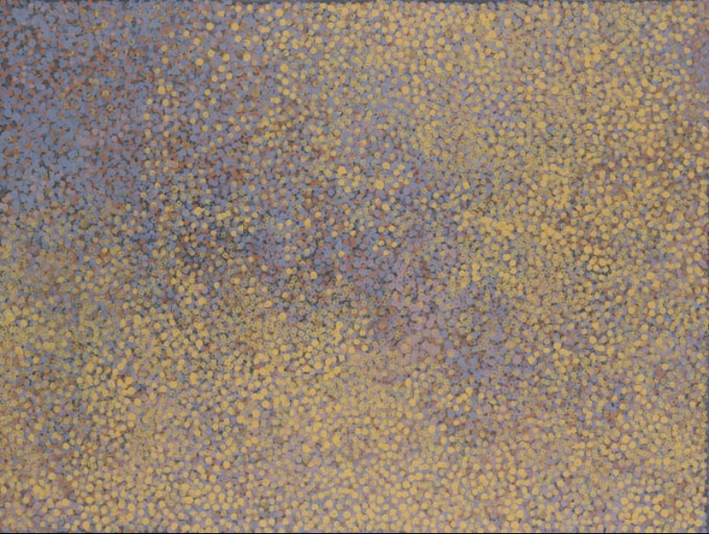 Emily Kame Kngwarreye’s Of a Rare Winter Rain I, 1990, with dense yellow, ochre, mauve and blue-grey dots forming shifting fields of colour across the canvas.