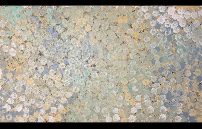 Emily Kame Kngwarreye’s My Country, covered with broad overlapping dots in pale blue, grey, cream, ochre, white and soft green, forming a softly mottled field of colour.