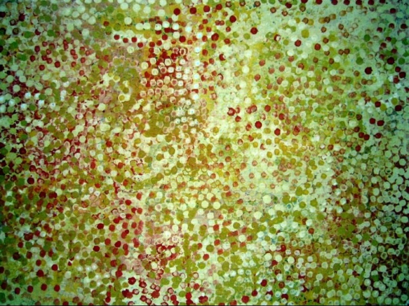 Emily Kame Kngwarreye’s Post-Summer Abundance, with overlapping red, green, yellow, cream and white dots forming loose clusters across a luminous green ground.