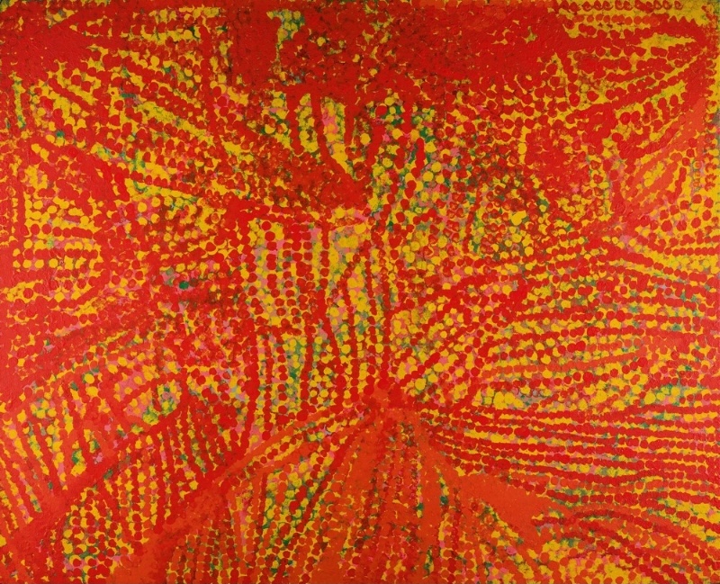Emily Kame Kngwarreye’s Fertile Desert, 1992, with brilliant red and orange paint layered over yellow, green and pink dotted bands arranged in radiating and curving formations.