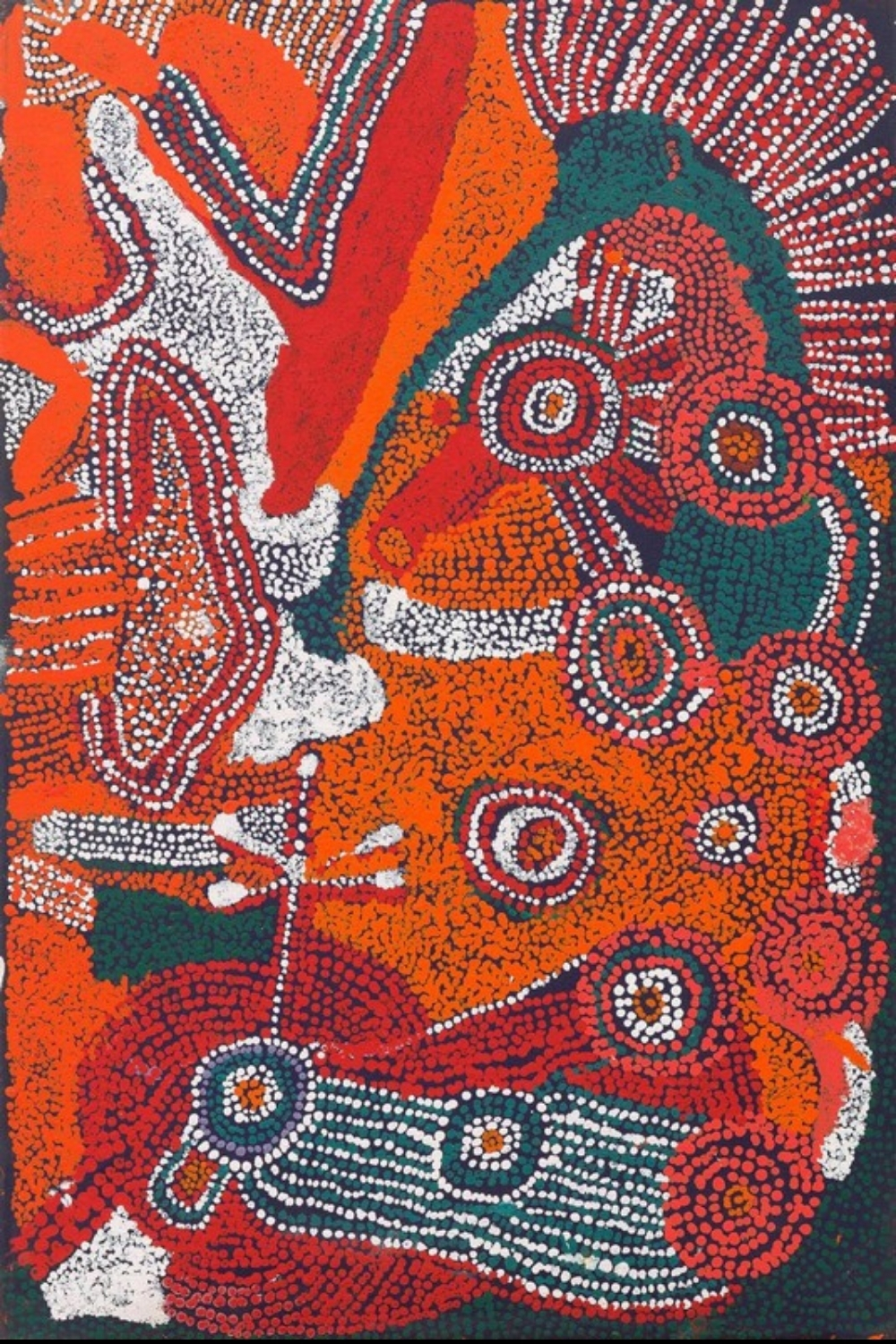 Jimmy Baker Wanampi, 2007, with brightly coloured Rainbow Serpent forms, circular sites and dotted pathways