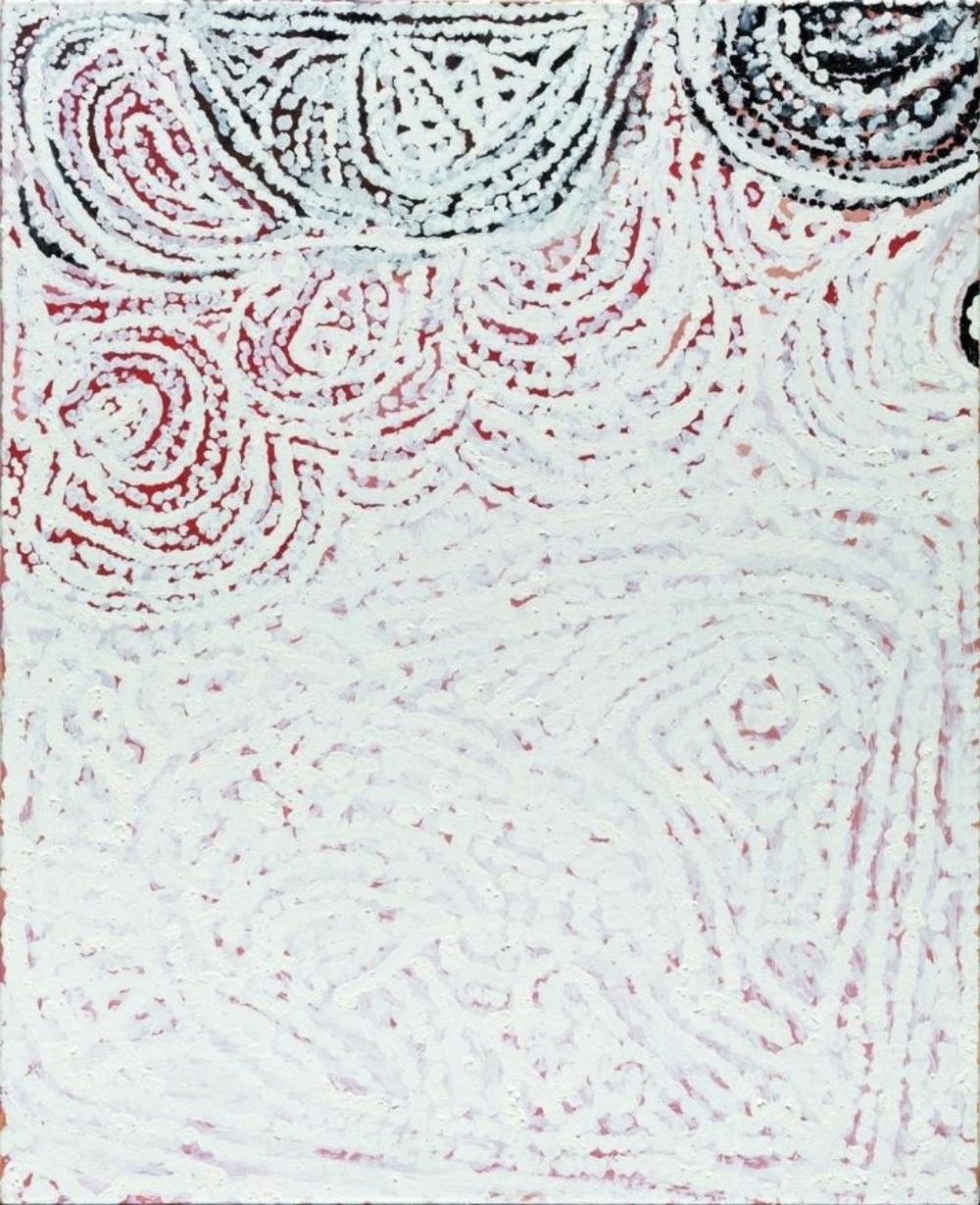 Waringarri at Warla by Billy Thomas Joongoorra, with circular and curving forms partly concealed beneath layers of pale white ochre.
