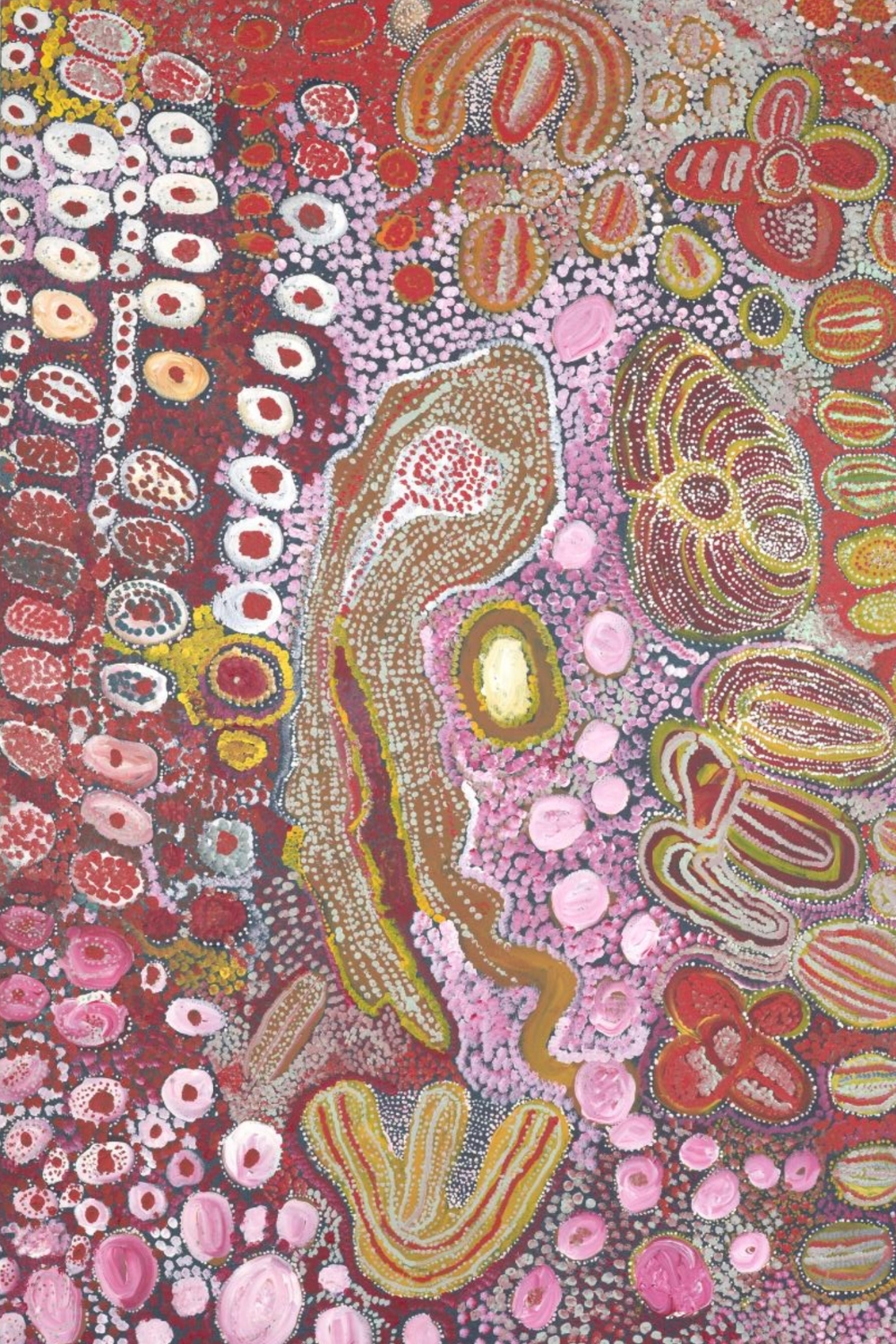 Wingu Tingima, Minyma Tjuta, 2006, with densely dotted forms in red, pink, ochre and white