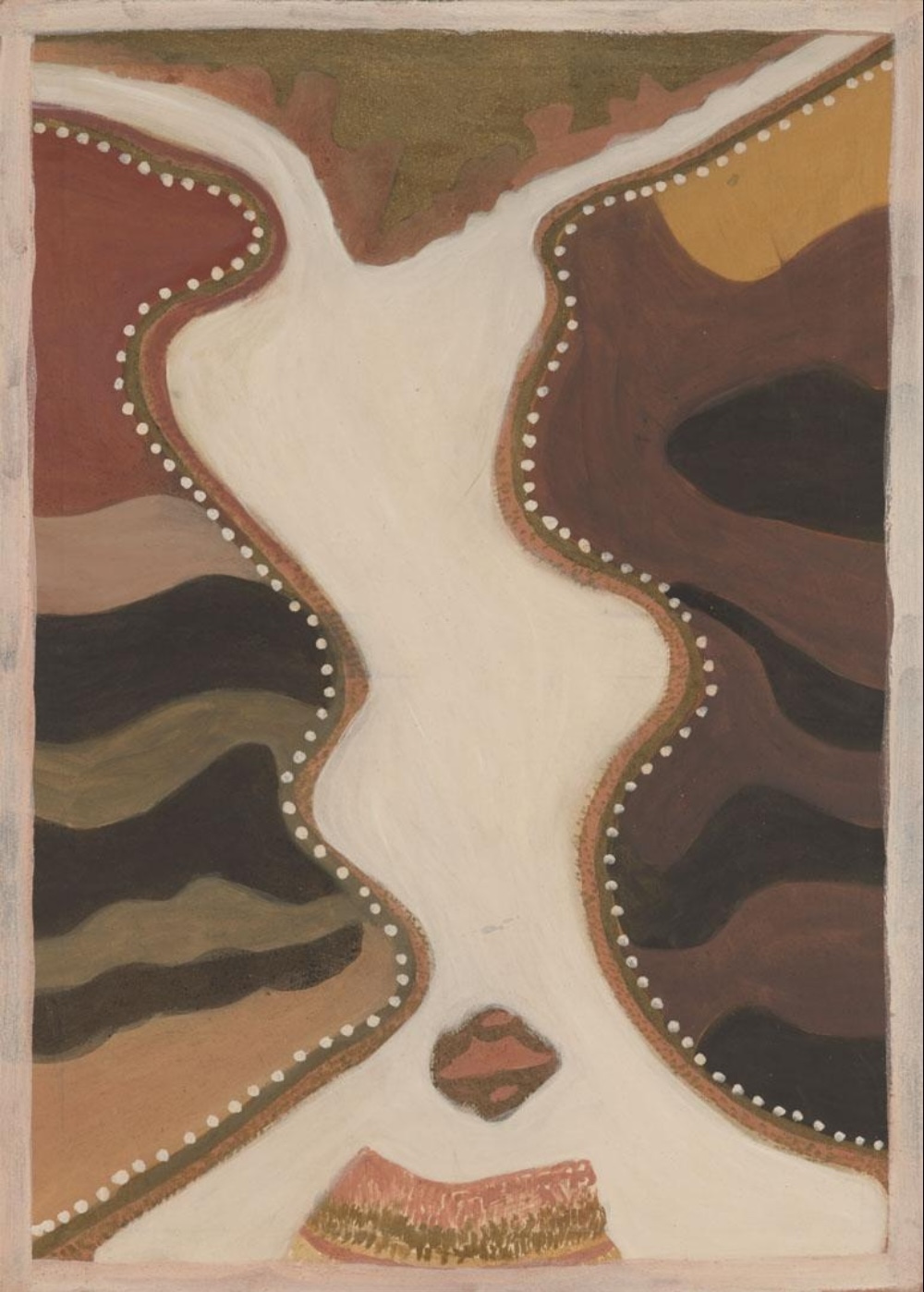 Hector Jandany’s Wirdim (Red Butte), Ngarrgooroon Country, showing a broad pale watercourse bordered by irregular ochre hills and dotted tracks.