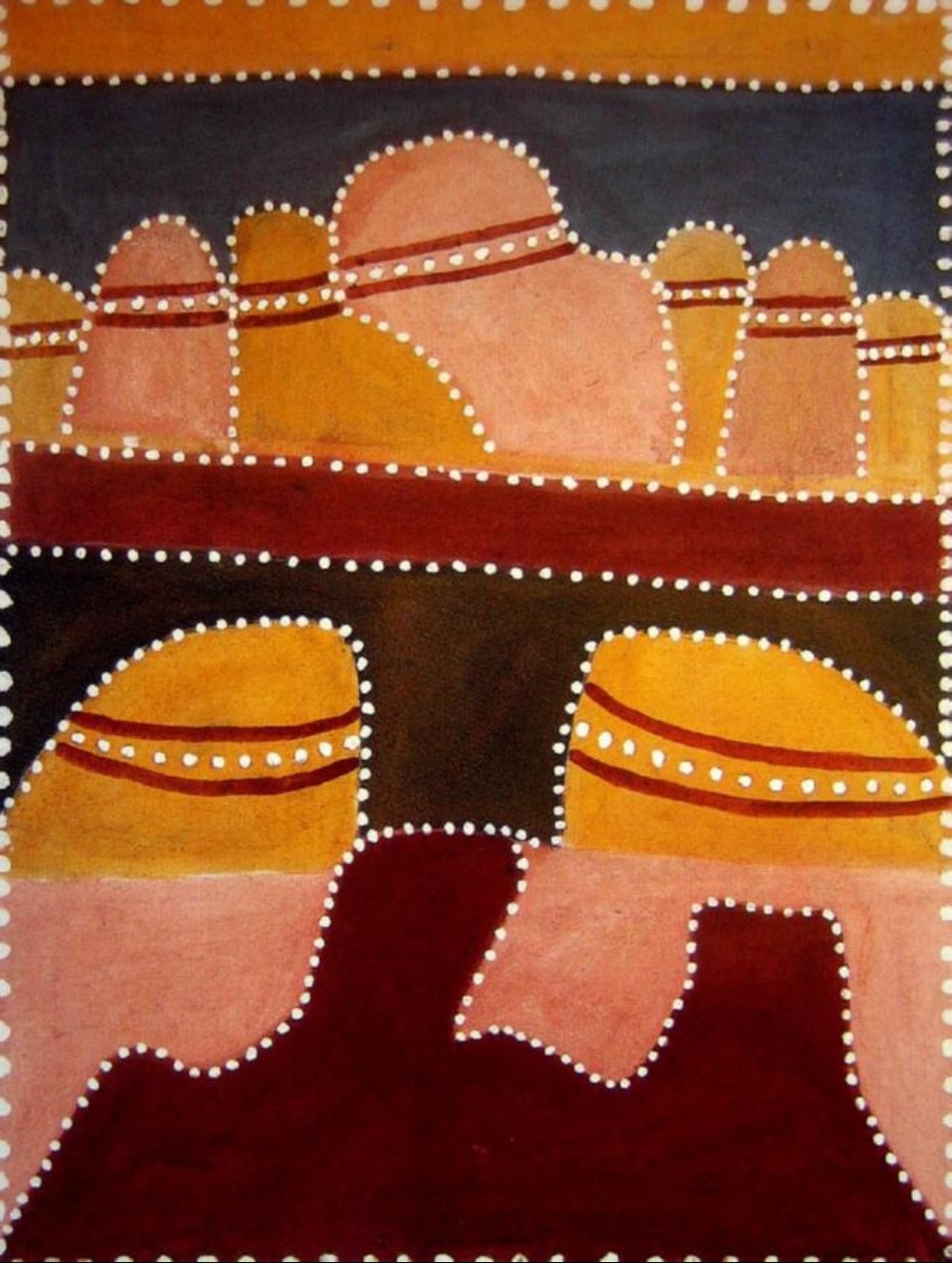 Hector Jandany ochre painting of Texas Downs Country, with rounded hills and rock formations outlined by white dots in yellow, pink, red and black earth pigments.