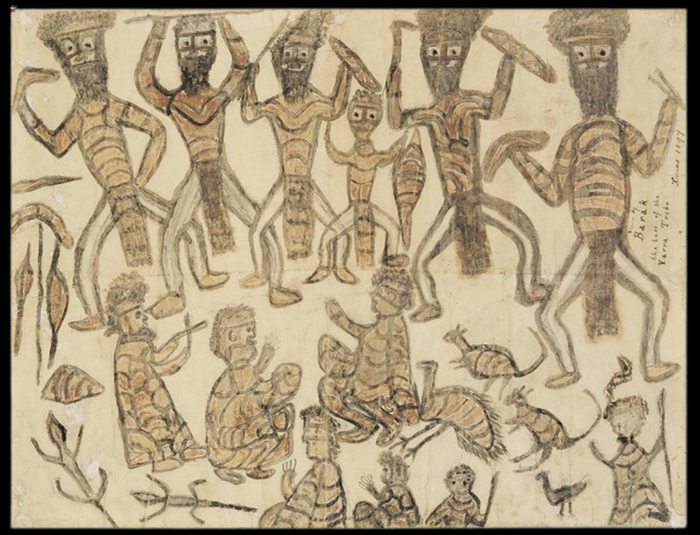 William Barak ceremonial drawing showing dancers, seated figures, younger participants, animals and ceremonial implements.