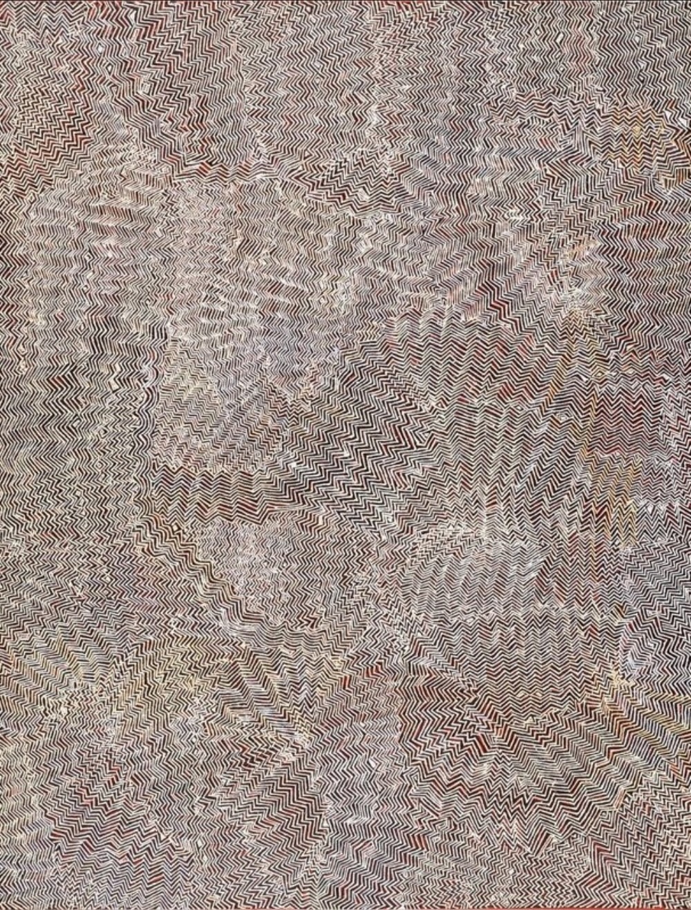 Large abstract painting by Bobby West Tjupurrula with densely repeated white chevron lines on a red and ochre ground, representing Palipalintja in the Western Desert.