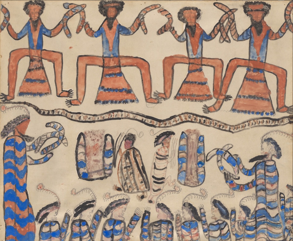 William Barak's Ceremony with Rainbow Serpent depicting Aboriginal dancers holding boomerangs, a serpent and figures wearing patterned possum-skin cloaks.