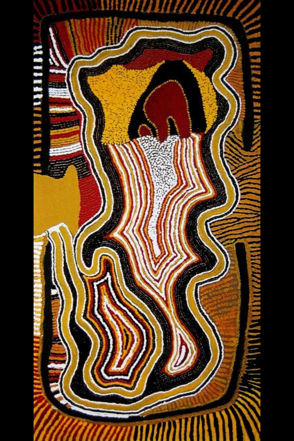 Bai Bai Napangarti's 1992 Hair String Dreaming at Yimurr, a Balgo painting featuring bold concentric forms, rhythmic dotting and the Seven Sisters Dreaming.