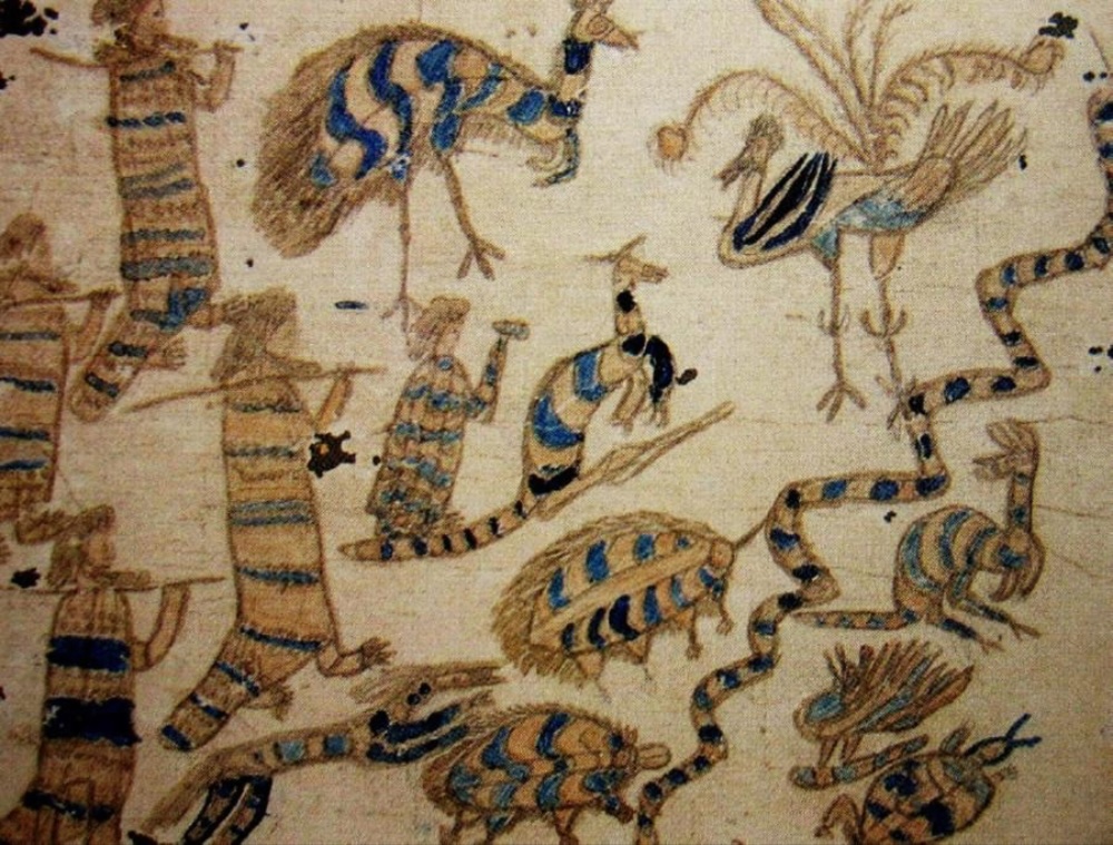 Detail of William Barak's Aboriginal hunting painting showing an emu, lyrebird, echidnas, snakes and a man holding a stone axe.