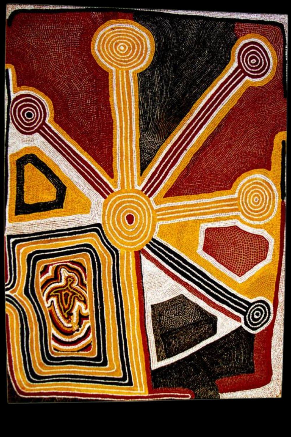 Bai Bai Napangarti's Kingfisher Dreaming (1989), a Balgo Aboriginal painting featuring concentric circles, connecting lines and traditional Western Desert designs.