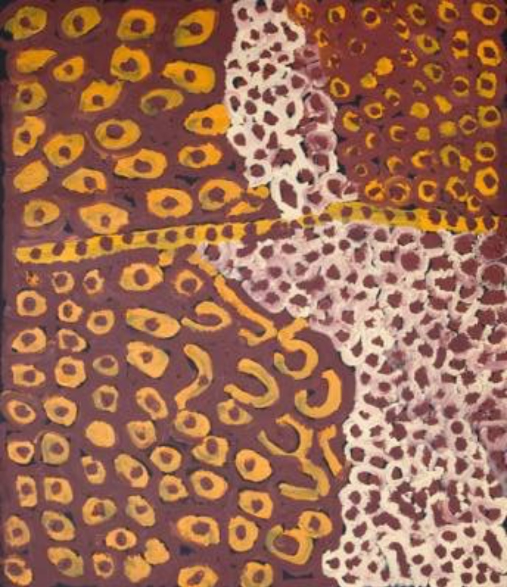 Harry Tjutjuna painting depicting Kungka Tjuta (Many Women), with irregular yellow and white circular patterns against a deep purple and brown background.