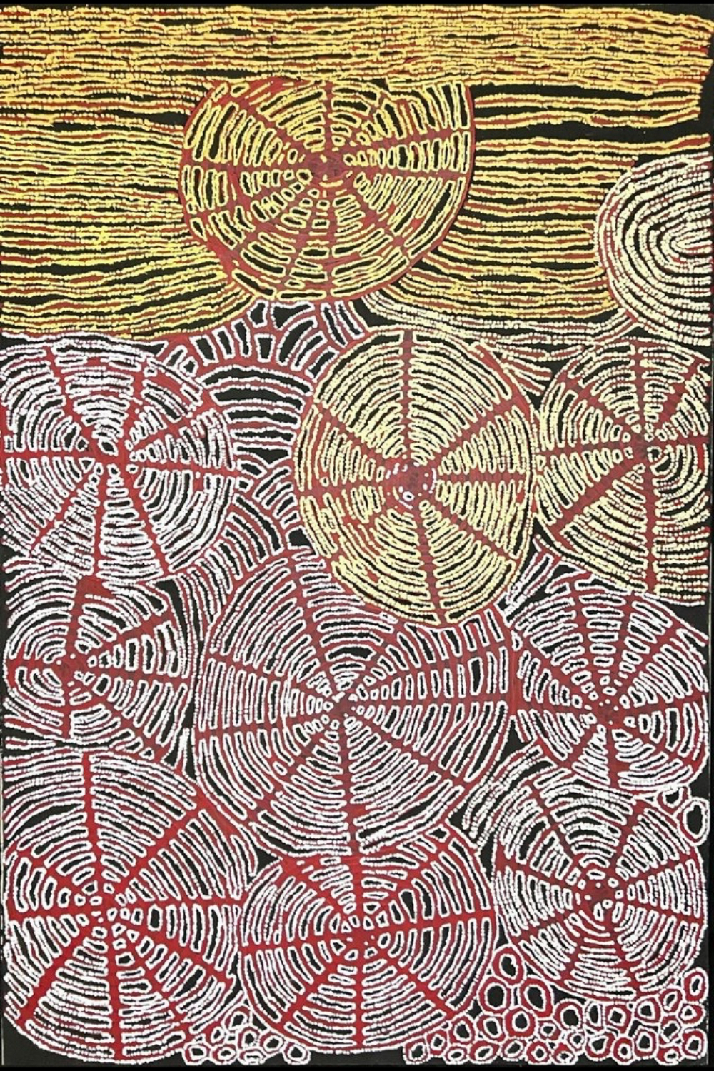 Kutunga (2007) by Walangkura Napanangka, featuring bold red concentric circles, radiating white and yellow dotted lines and sandhill patterns against a black background.