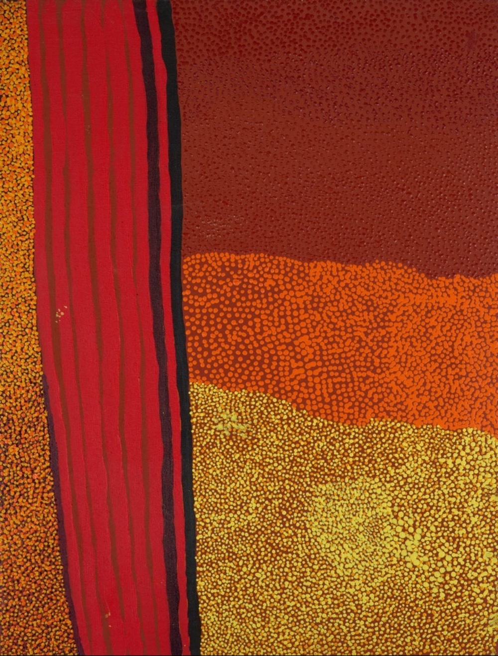 Bai Bai Napangarti's Mungai (2006), a Balgo Aboriginal painting depicting bush food Country with red bands and dense orange and yellow dotting.