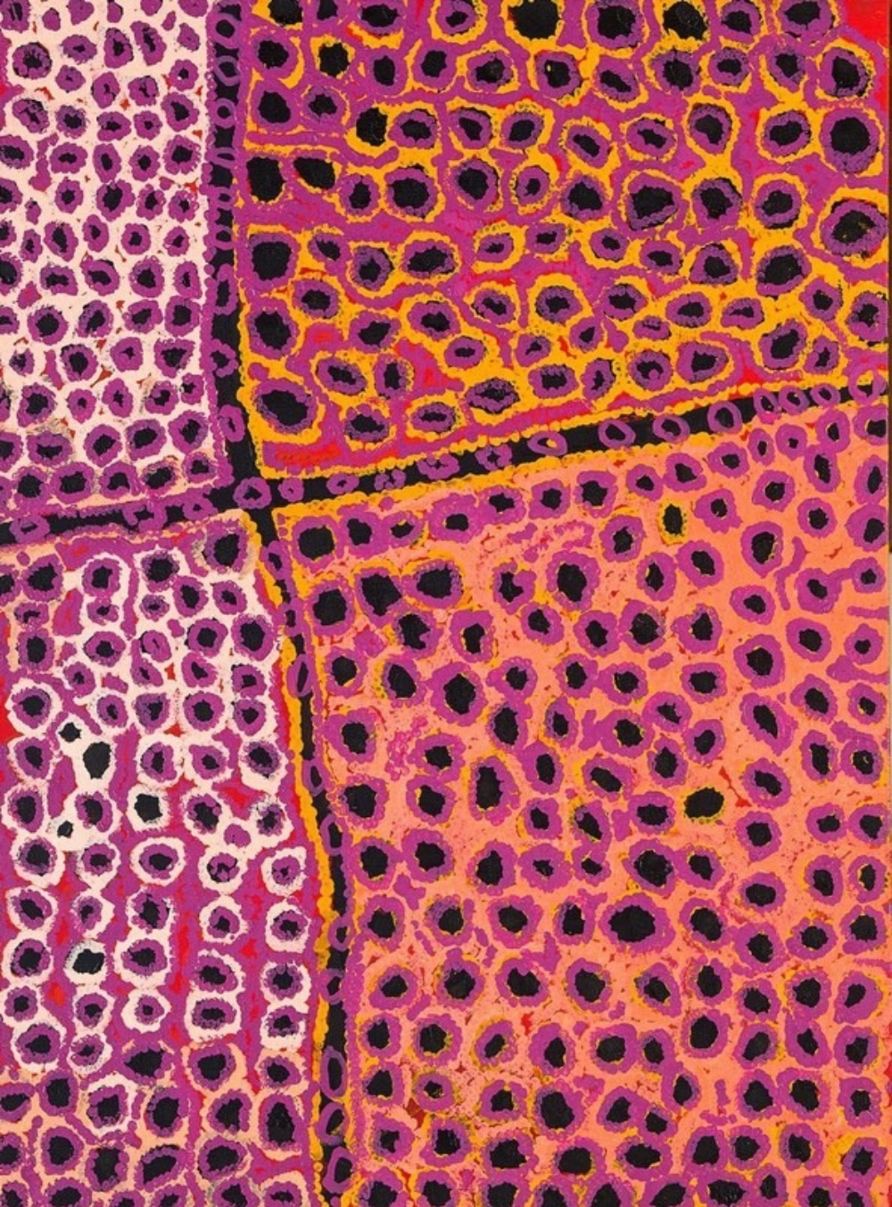 Harry Tjutjuna's Ngayuku Ngura (My Birthplace), 2007, featuring dense circular markings in pink, purple, orange, yellow and black, divided by bold intersecting lines.