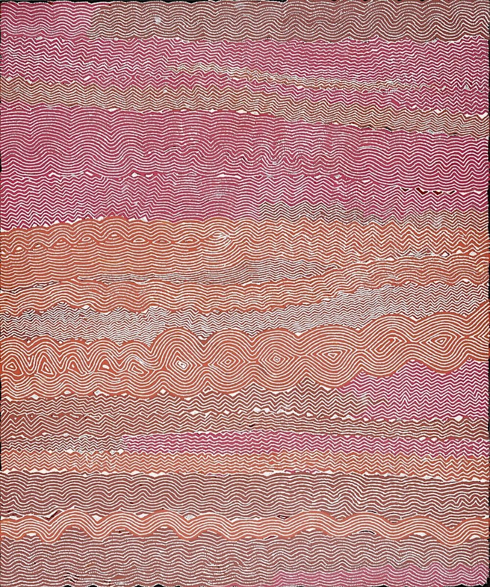 Bobby West Tjupurrula painting Palipalintja 2003, depicting Tingari ancestral Country through undulating white lines and zigzag patterns in pink, red and ochre.
