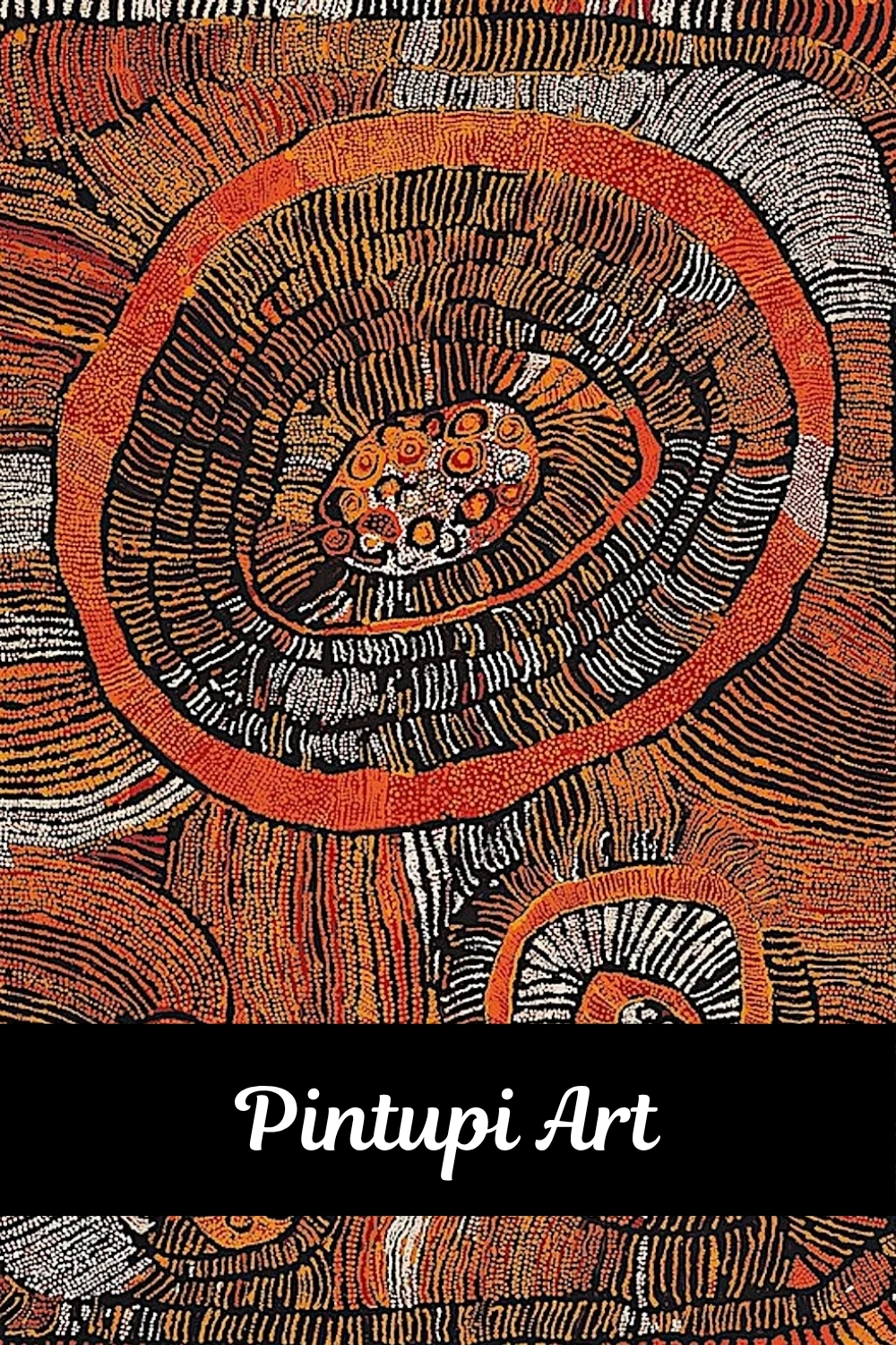 Pintupi Art – Western Desert Aboriginal painting featuring concentric circular designs and intricate dotted lines in red ochre, orange, white and black.