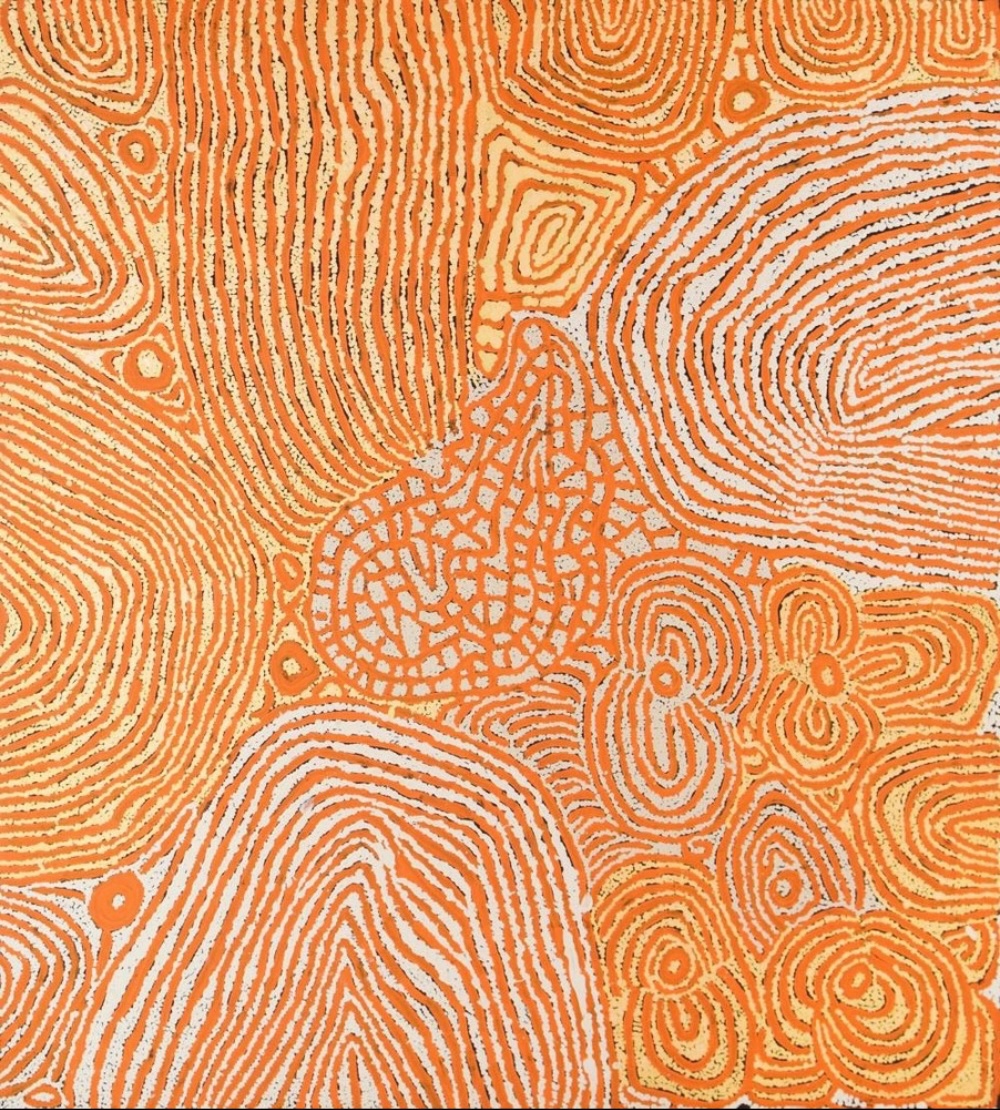 Rockhole and Soakage of Lupul (2003) by Walangkura Napanangka, featuring orange and white concentric designs representing rockholes, sandhills and women's ceremonial sites.
