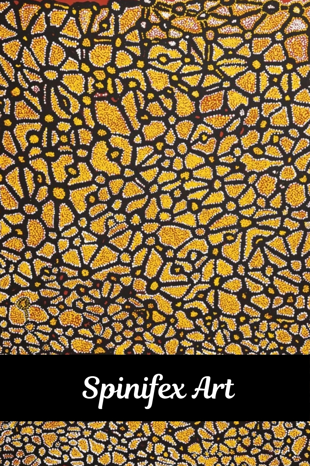 Spinifex Art – Aboriginal dot painting featuring intricate yellow ochre and white geometric patterns against a black background.