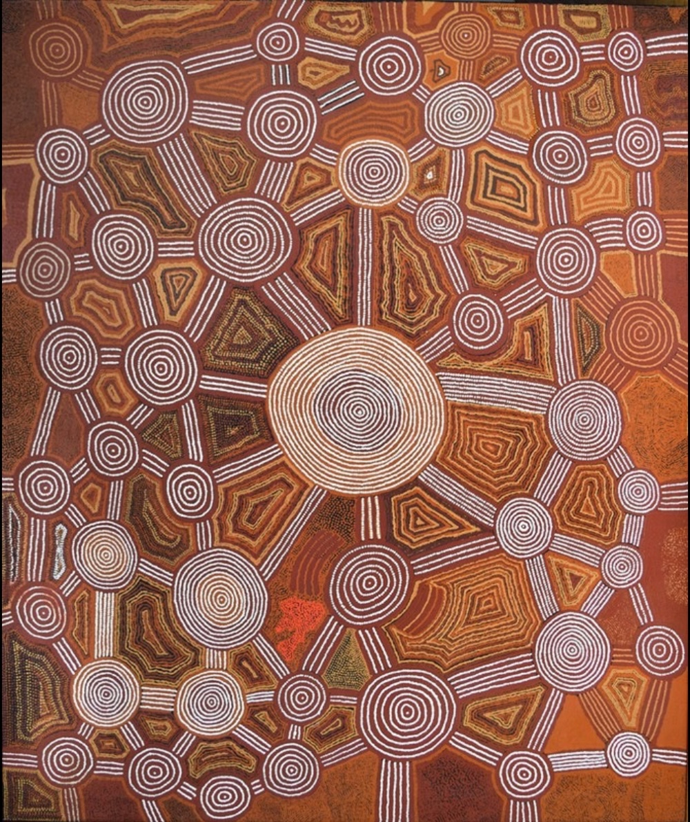 Bobby West Tjupurrula Tingari Cycle painting depicting the ancestral rockhole site of Umari, with concentric circles and connecting white lines representing Tingari journeys.