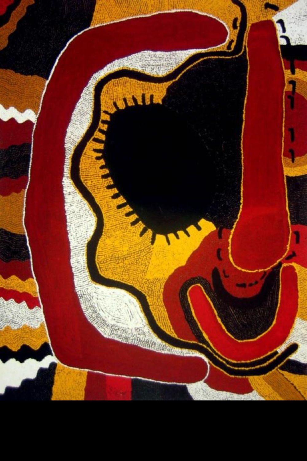 Bai Bai Napangarti's Tjurnpul (1990), a Balgo Aboriginal painting depicting an ancestral Dreaming through bold red, yellow, black and white forms.
