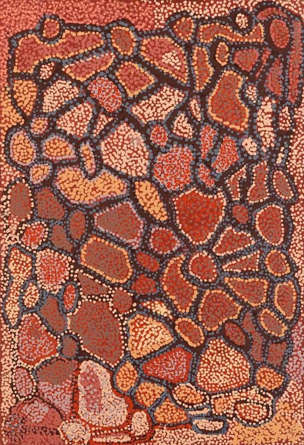 Walangkura Napanangka's 1997 painting of Winparrku (Mount Webb), featuring densely dotted red, orange and pink forms outlined in dark blue-grey.