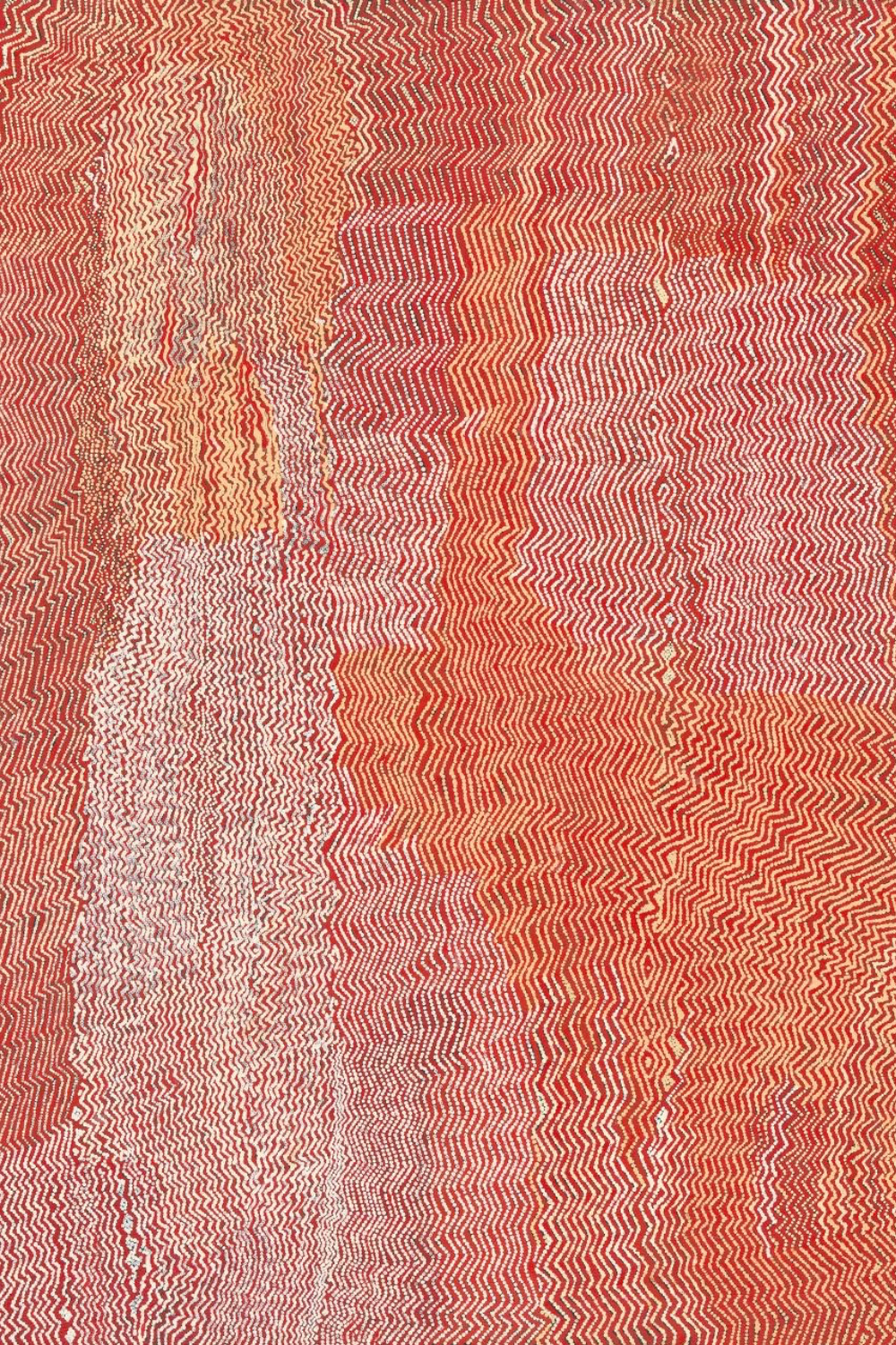 Bobby West Tjupurrula Untitled 2011 painting featuring intricate white and ochre zigzag lines across a red background, characteristic of Pintupi Western Desert art.