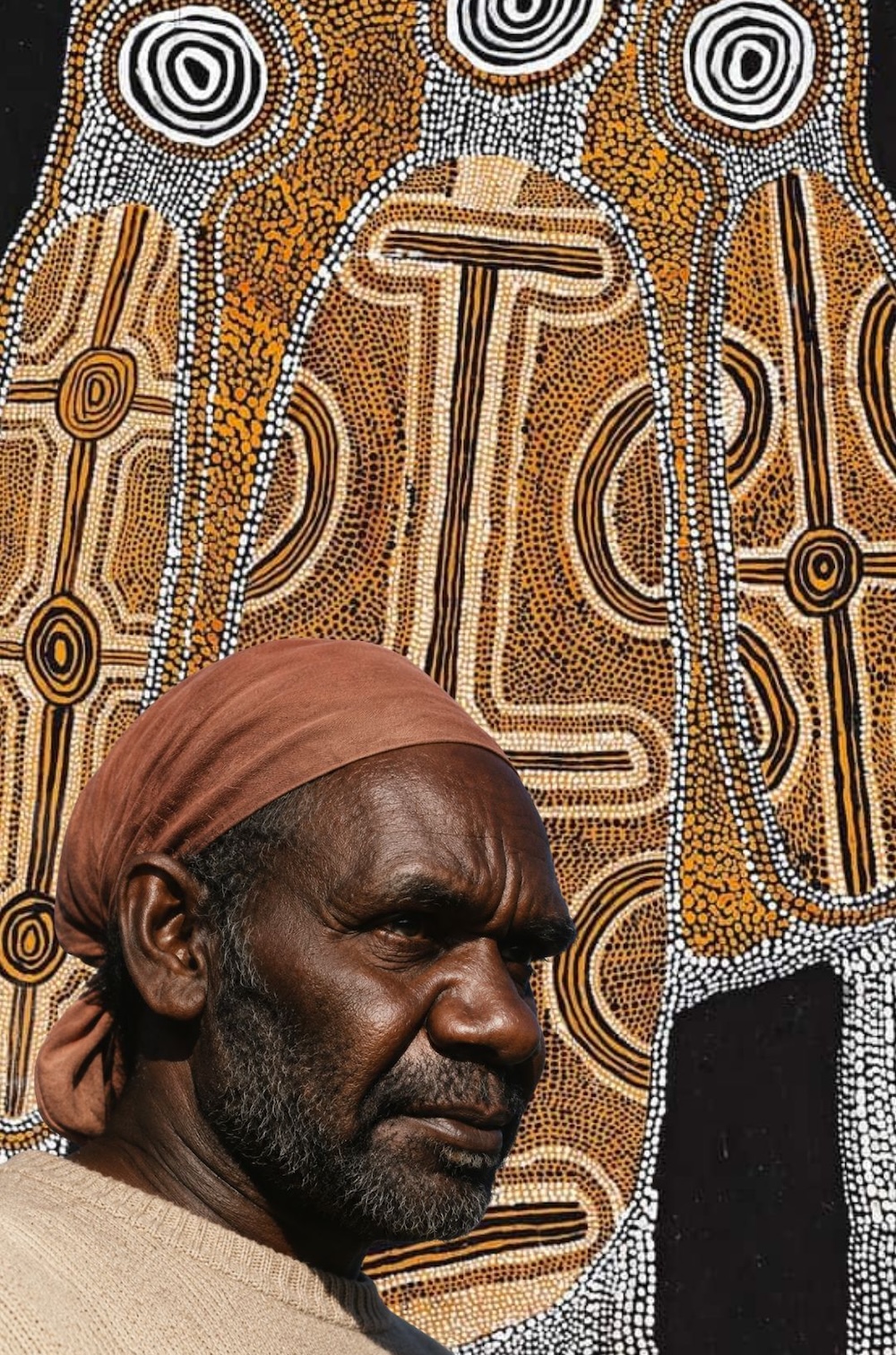 Portrait of Uta Uta Tjangala wearing a brown headscarf, in front of a Western Desert painting with concentric circles, geometric ceremonial designs and ochre-coloured dotting.