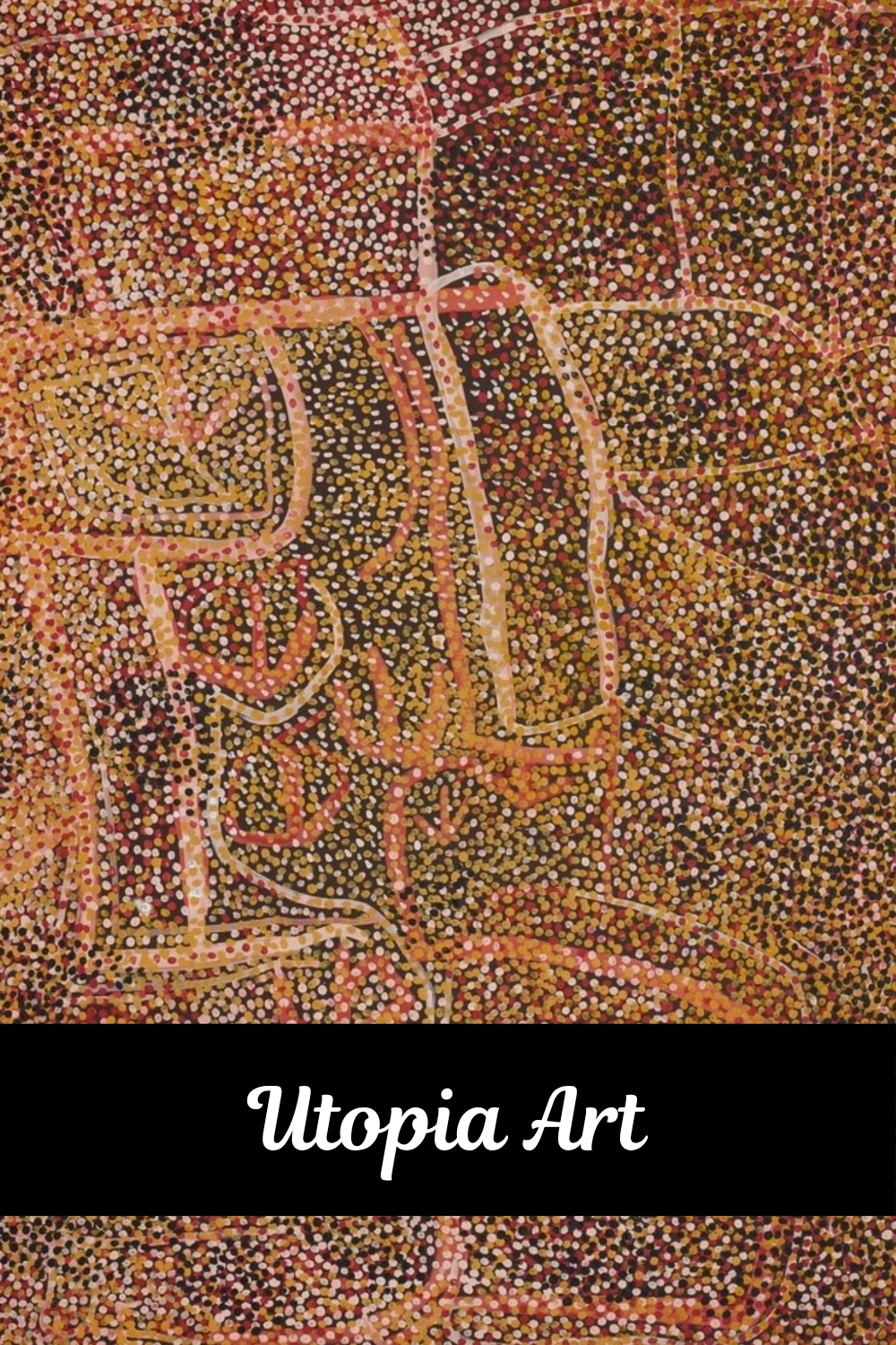 Utopia Art – Aboriginal painting featuring dense fields of multicoloured dots and flowing geometric designs in ochre, pink, yellow and white.