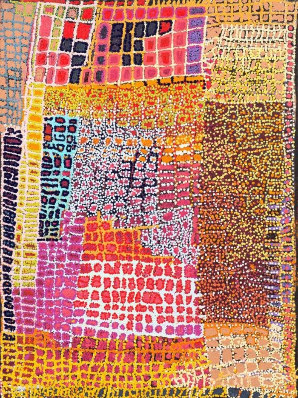 Tommy Mitchell's Wakalpuka painting depicting ancestral Country through geometric fields of pink, orange, yellow and white dots.
