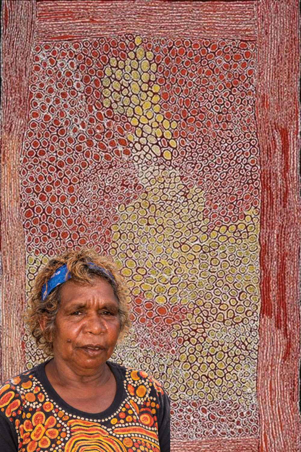 Walangkura Napanangka – Pintupi Western Desert Artist Illustrated portrait of Walangkura Napanangka against a Western Desert painting featuring red, yellow and white circular designs and intricate lines.
