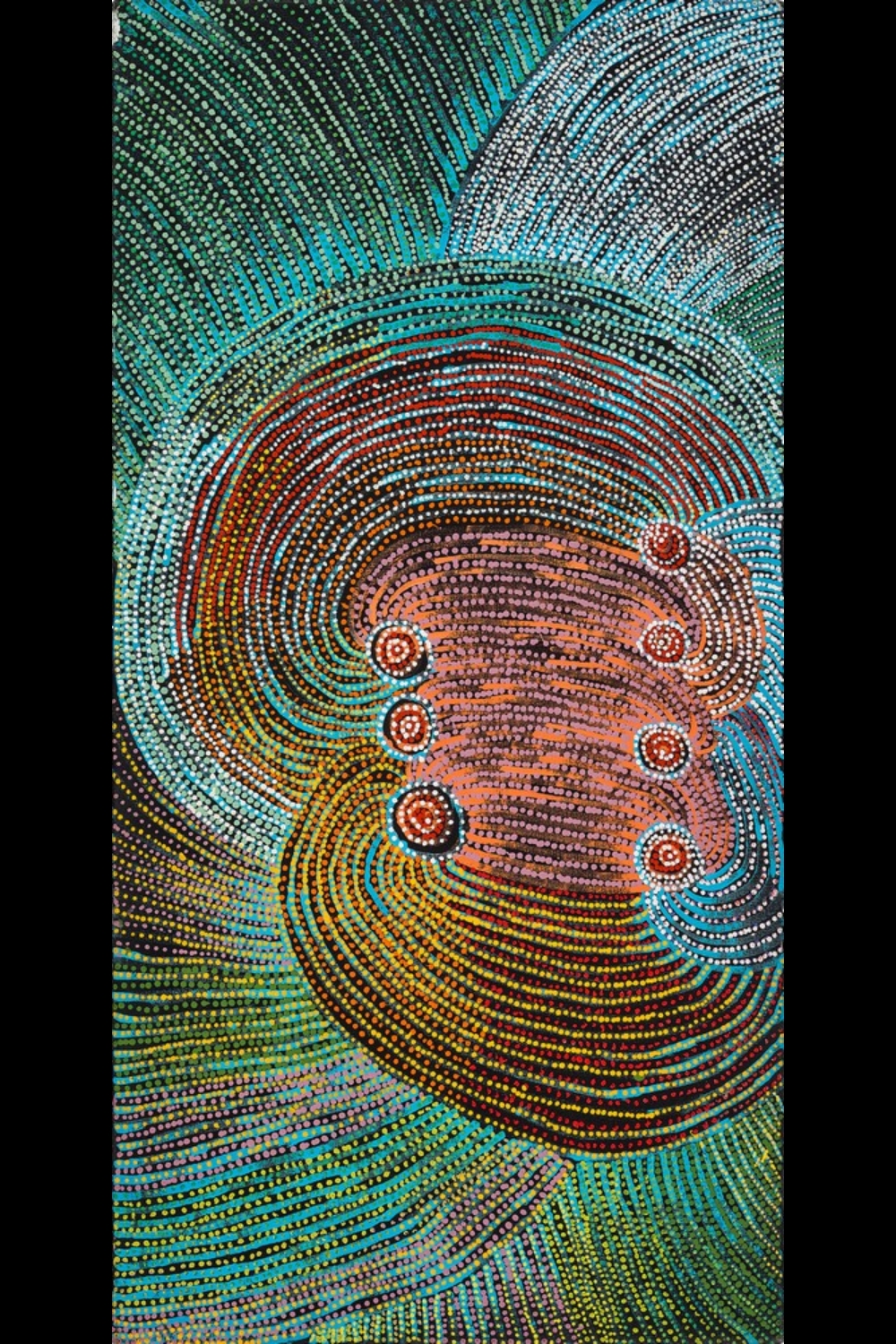 Tommy Mitchell's Walu Dreaming painting (2010), depicting ancestral Country through sweeping multicoloured dotted lines and circular forms.