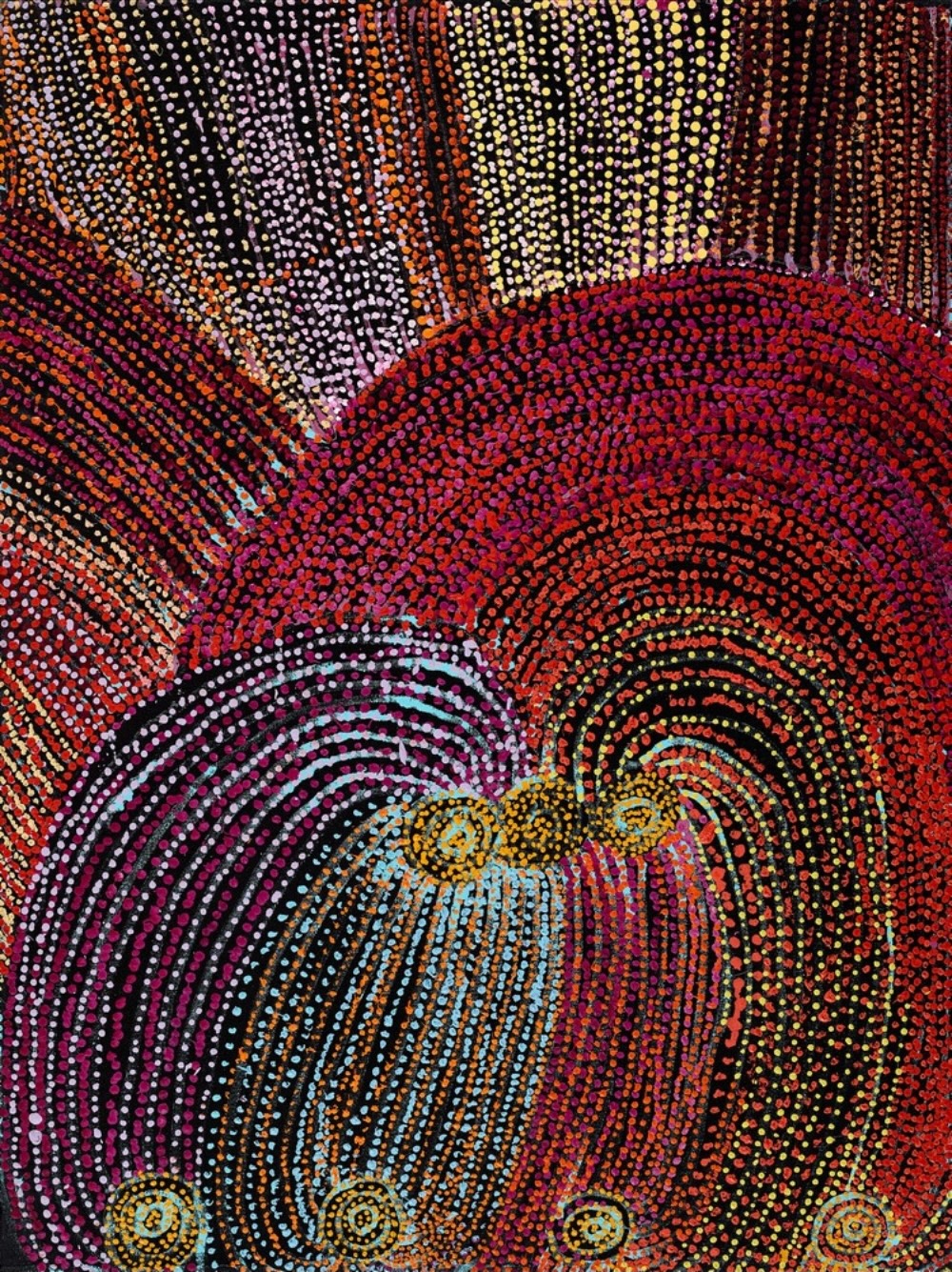 Tommy Mitchell's Walu painting (2011), featuring sweeping red, purple, orange and turquoise dotted lines representing ancestral Country in the Western Desert.