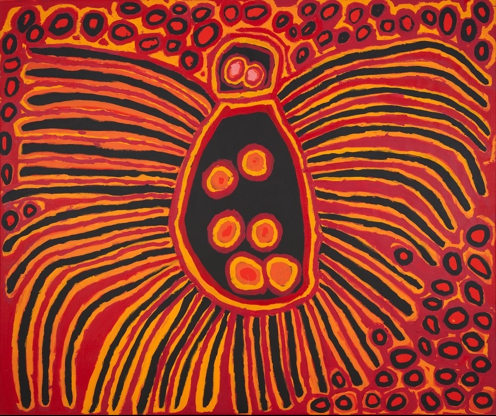 Harry Tjutjuna's Wangka Tjukurpa (2007), depicting the ancestral Spider Man with radiating striped limbs, a black oval body and circular markings in red, orange and yellow.