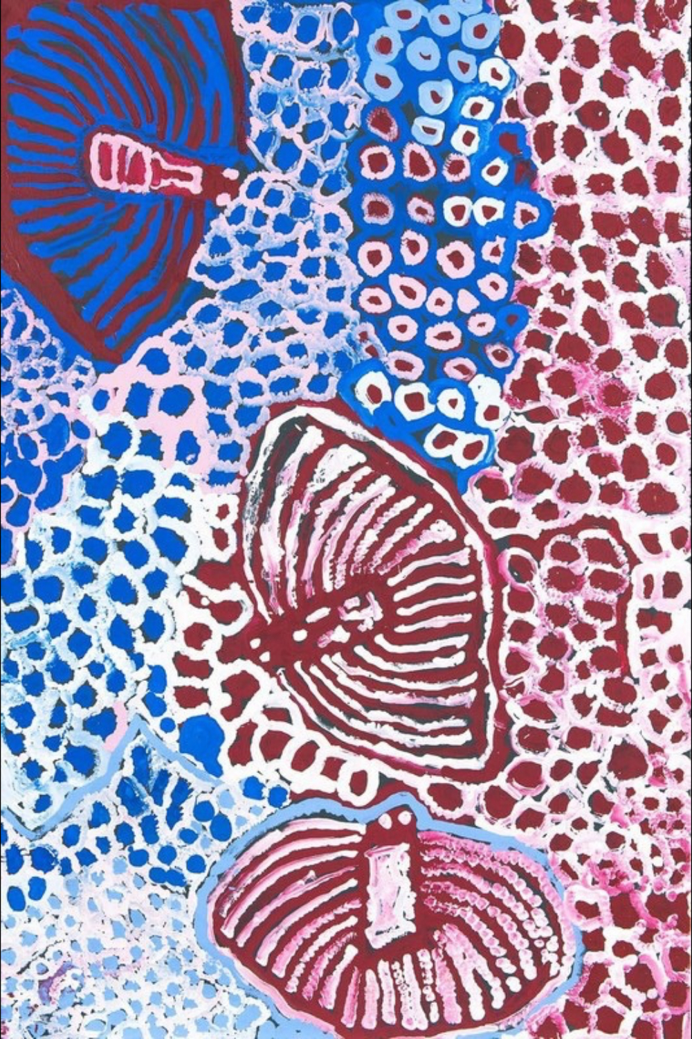 Harry Tjutjuna's Wanka (Spider) (2010), featuring three radiating spider forms surrounded by dense blue, white, pink and burgundy circular patterns.