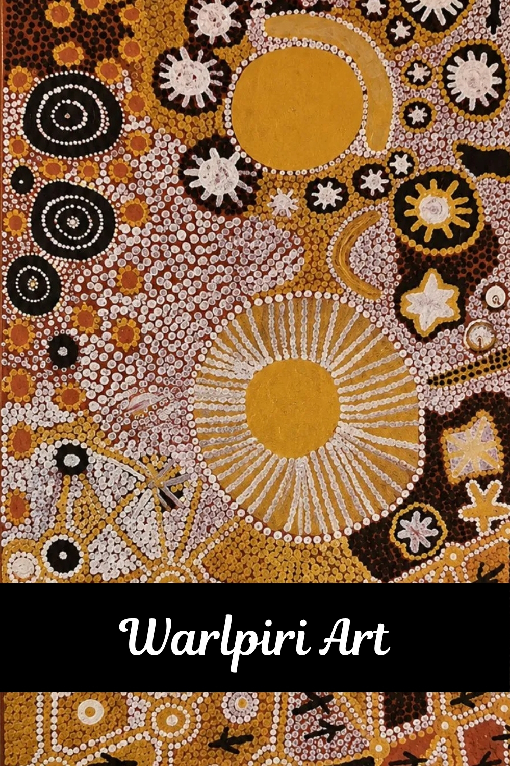 Warlpiri Art – Aboriginal dot painting featuring concentric circles, radiating designs and intricate patterns in yellow ochre, white, red and black.