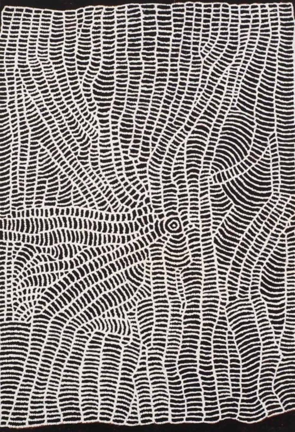 Bobby West Tjupurrula Warlukulangu 2001 painting, featuring closely repeated white curved lines on black forming intricate geometric patterns associated with ancestral Country.