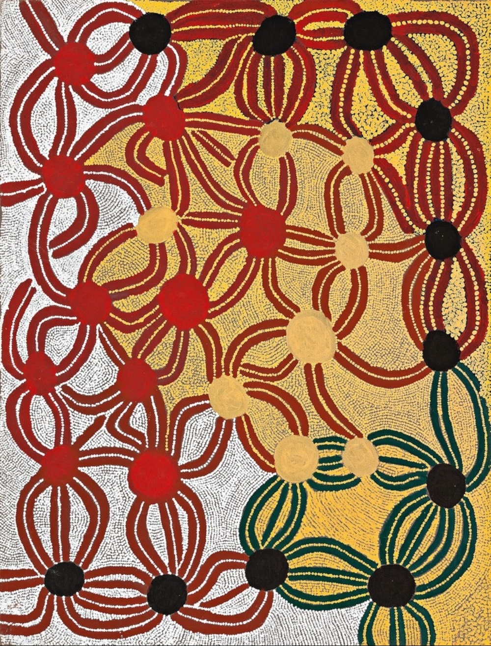Bai Bai Napangarti's Warnpuparta (1990), a Balgo Aboriginal painting depicting the Crow Dreaming through connected circular forms, red ochre lines and fine dotting.